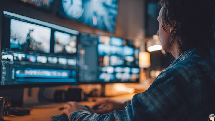 A video editor works on dual monitors showing editing timelines and footage, representing Aaryaeditz org professional services.