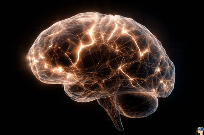 Glowing human brain showing neural connections and activity, symbolizing the science behind Dougahozonn and mindfulness practices.