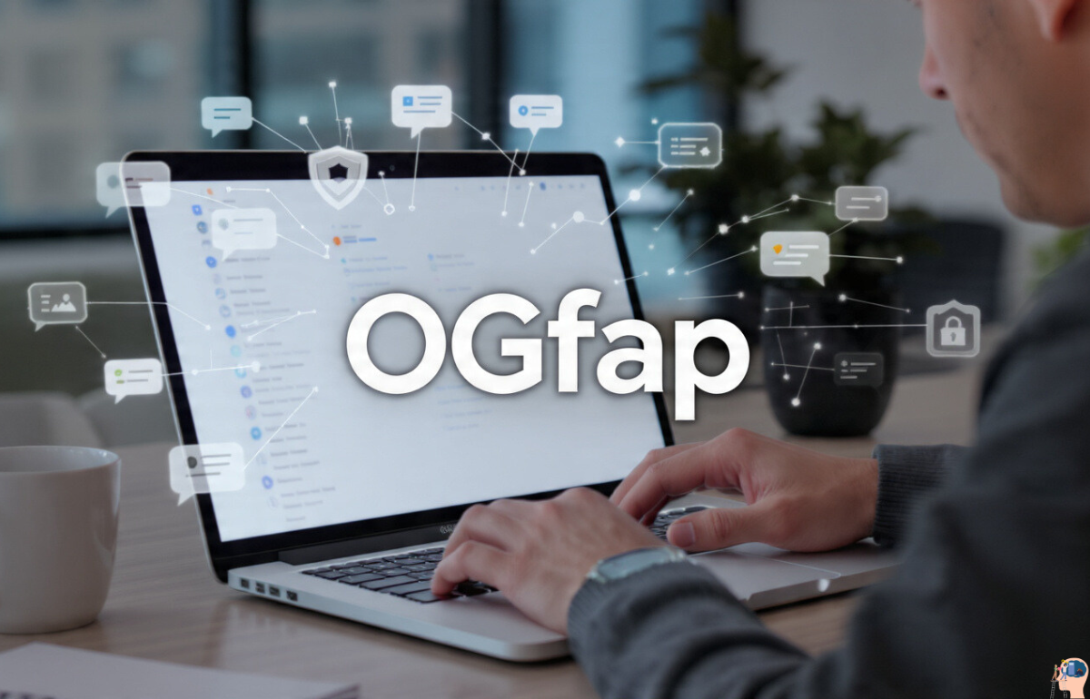 A person using a laptop with digital icons for chat, privacy, and connections surrounding the screen, displaying the keyword OGfap prominently in the center.