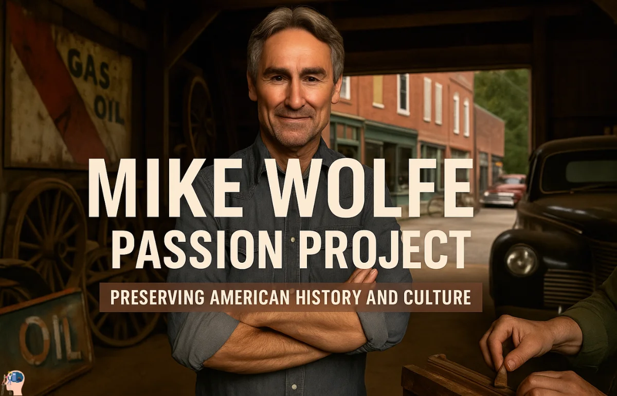 Mike Wolfe Passion Project image showing Mike Wolfe standing in a vintage barn surrounded by antiques, showcasing his mission to preserve American history and culture.