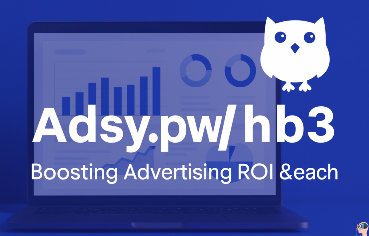 Adsy.pw/hb3 digital marketing graphic showing a laptop with analytics charts, ROI growth bars, and an owl logo symbolizing advertising success.