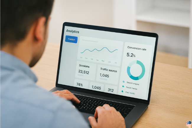Professional marketer analyzing campaign performance on a laptop using the Adsy.pw/hb3 analytics dashboard interface.
