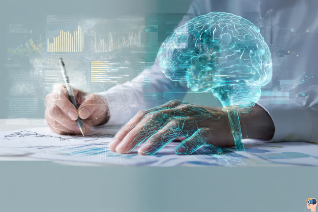 A marketer collaborates with AI data visualization, symbolizing the fusion of human creativity and machine intelligence in digital marketing.