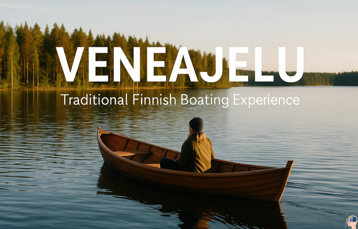 Veneajelu traditional Finnish boating experience on a calm lake surrounded by pine forests and golden sunlight.
