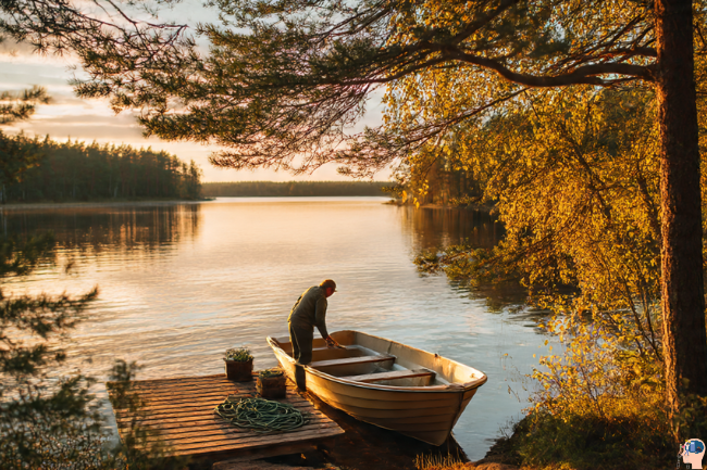 Person preparing a boat for a Veneajelu on a calm Finnish lake at sunset surrounded by golden autumn trees