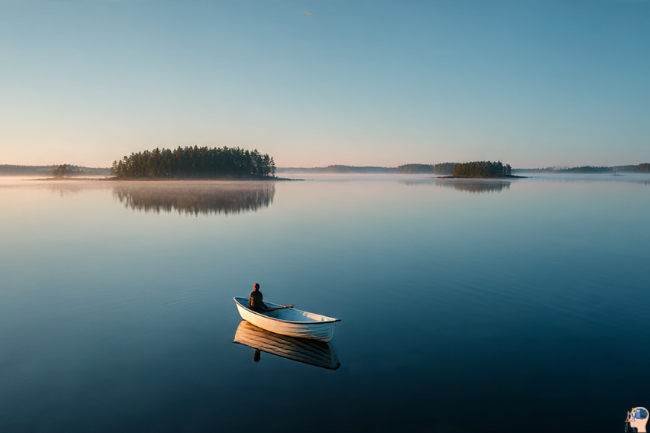 Veneajelu on a calm Finnish lake with a lone person rowing a white boat through misty blue waters and pine-covered islands.