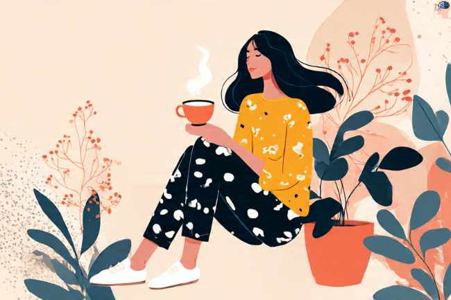 Woman enjoying a peaceful morning with coffee, practicing Dougahozonn mindfulness and relaxation at home.