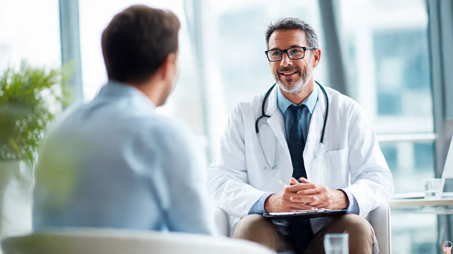 A doctor consulting a patient in a bright clinic, discussing treatment options for Inomyalgia and overall health management.