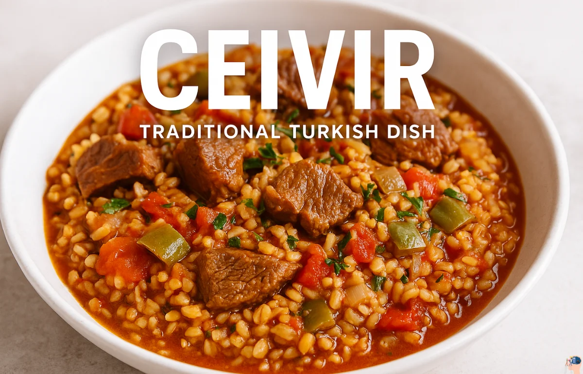 Ceıvır served in a white bowl with grains, meat, and vegetables in a rich, colorful Turkish dish.