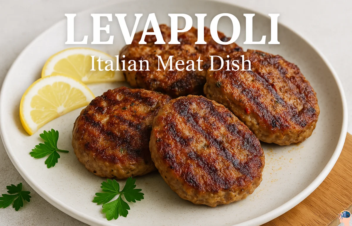 Levapioli served on a plate with grilled patties, lemon slices, and fresh herbs