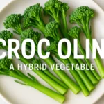 Fresh Crocolini arranged on a plate with bright green florets and long stems.