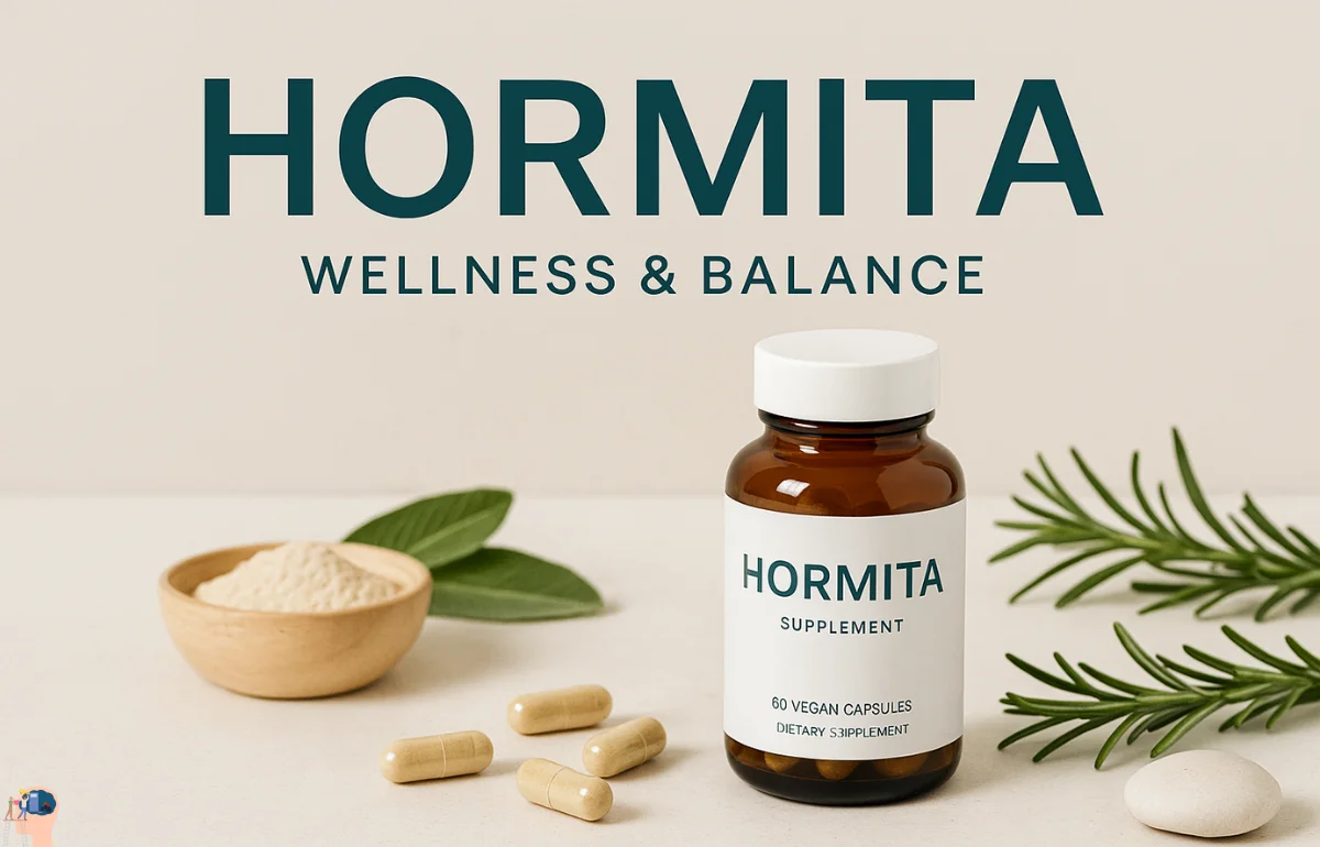 Hormita supplement bottle with natural herbs on a clean wellness-themed background