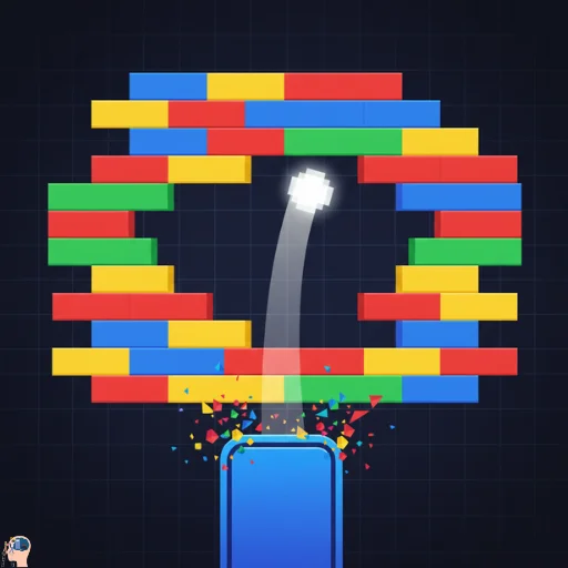 Google Block Breaker strategy illustration showing the ball ricocheting off the paddle at a sharp angle to create a path or "tunnel" through the bricks.