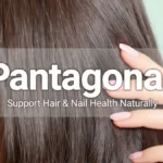 A woman with shiny, healthy hair and manicured nails showcasing the Pantagonar supplement bottle for hair and nail health.