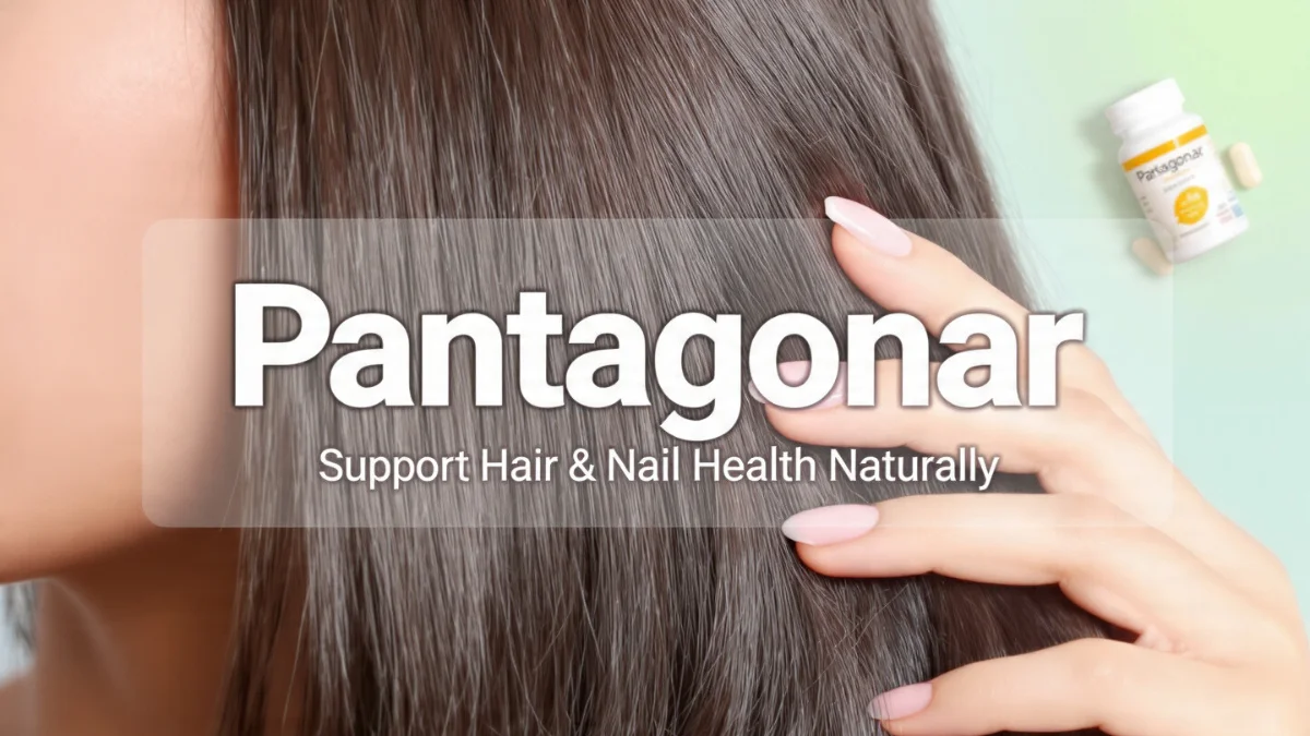 A woman with shiny, healthy hair and manicured nails showcasing the Pantagonar supplement bottle for hair and nail health.