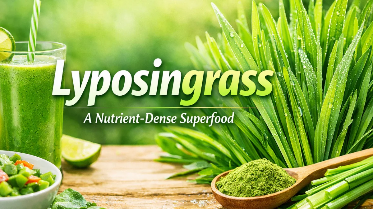 Lyposingrass, a nutrient-dense superfood, displayed with fresh green smoothie, vegetables, and powder for healthy living.