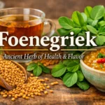 Foenegriek, golden seeds, and fresh leaves surrounding a bowl of curry and a cup of tea, highlighting the health benefits and culinary uses of fenugreek.