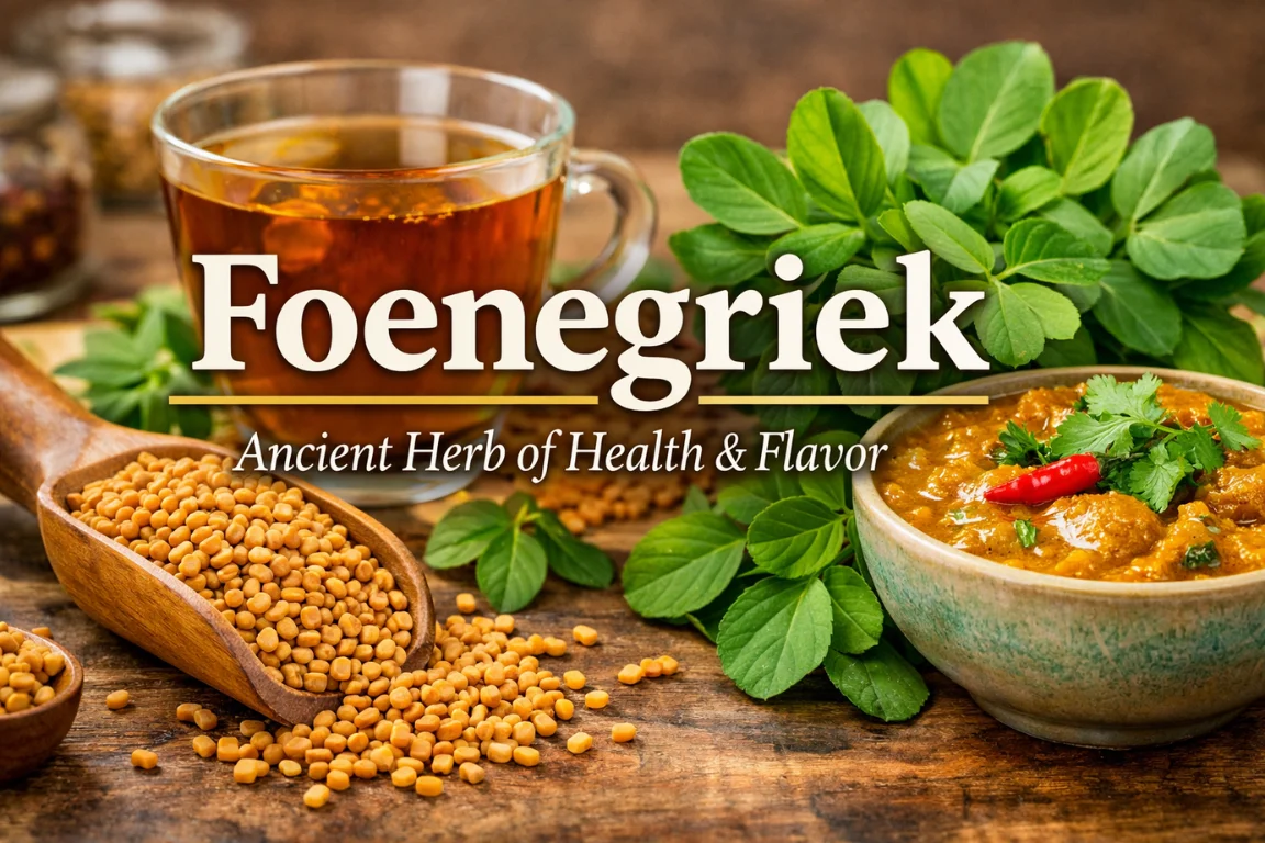 Foenegriek, golden seeds, and fresh leaves surrounding a bowl of curry and a cup of tea, highlighting the health benefits and culinary uses of fenugreek.