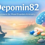 Depomin82: Treatment for mood disorders and anxiety, featuring a tranquil scene with a meditating figure, a glowing brain, and medication.