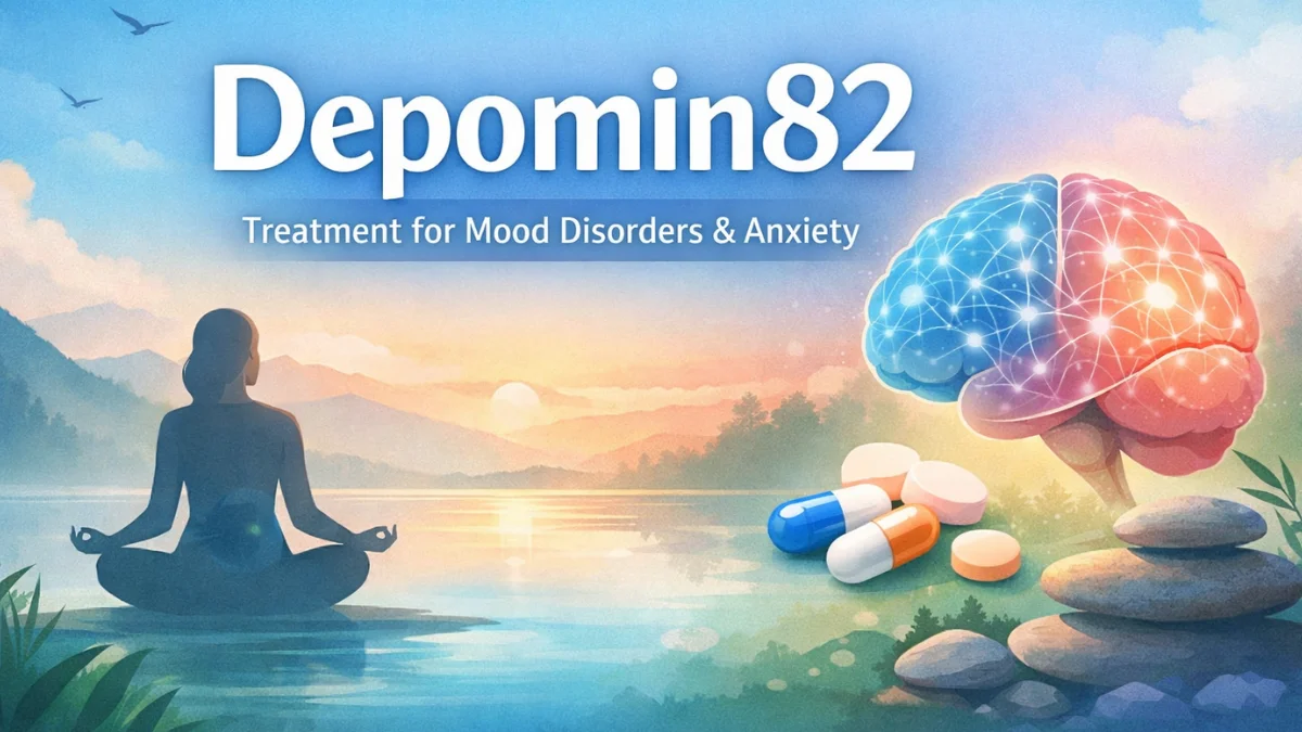 Depomin82: Treatment for mood disorders and anxiety, featuring a tranquil scene with a meditating figure, a glowing brain, and medication.