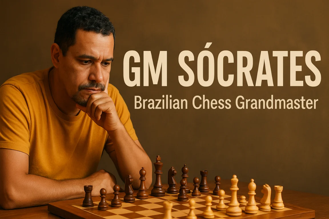 GM Sócrates analyzing a chessboard during a game, showcasing Brazilian Grandmaster strategy and focus