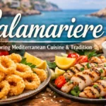 Calamariere dish featuring crispy fried calamari and grilled calamari, served with fresh Mediterranean ingredients like tomatoes, lemon, and tzatziki sauce.