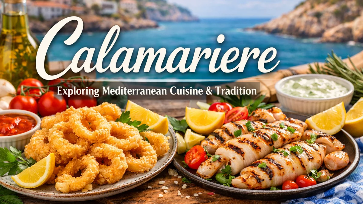 Calamariere dish featuring crispy fried calamari and grilled calamari, served with fresh Mediterranean ingredients like tomatoes, lemon, and tzatziki sauce.