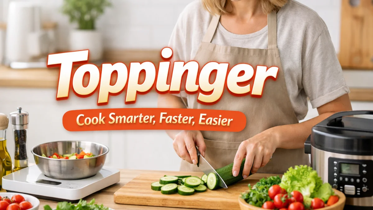 Toppinger kitchen tool showcased in a modern home kitchen with fresh ingredients and meal preparation in progress