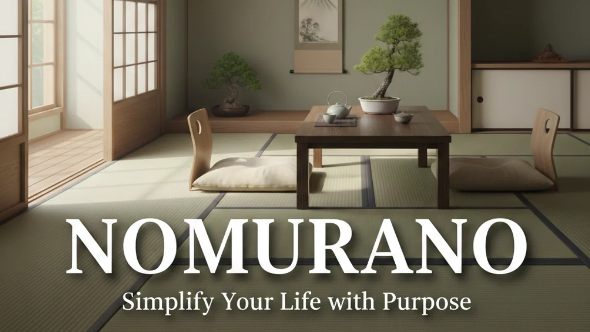 Nomurano lifestyle philosophy showcased in a serene, minimalist Japanese room with a bonsai tree and tatami mats.
