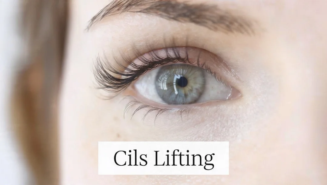 A professional close-up of a blue eye showcasing the enhanced results of a Cils Lifting treatment with naturally curled and defined eyelashes.