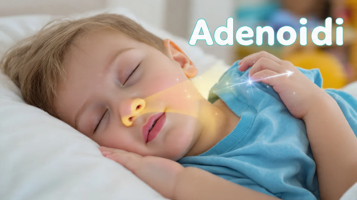 A young child sleeping peacefully under a soft blue blanket, illustrating healthy breathing and recovery from Adenoidid.