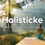 A person meditating on a wooden deck in a sunlit forest with the text Holisticke and the subheading Mind, Body & Spirit in Harmony.
