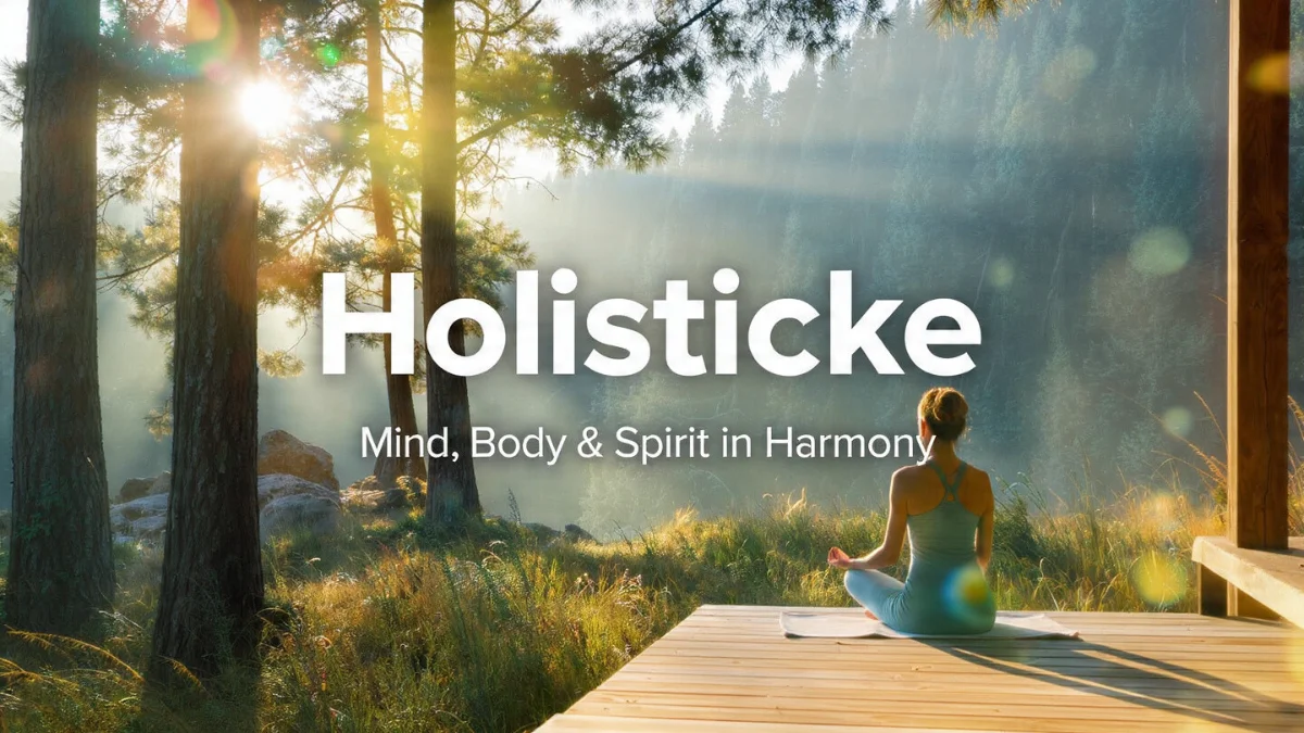 A person meditating on a wooden deck in a sunlit forest with the text Holisticke and the subheading Mind, Body & Spirit in Harmony.