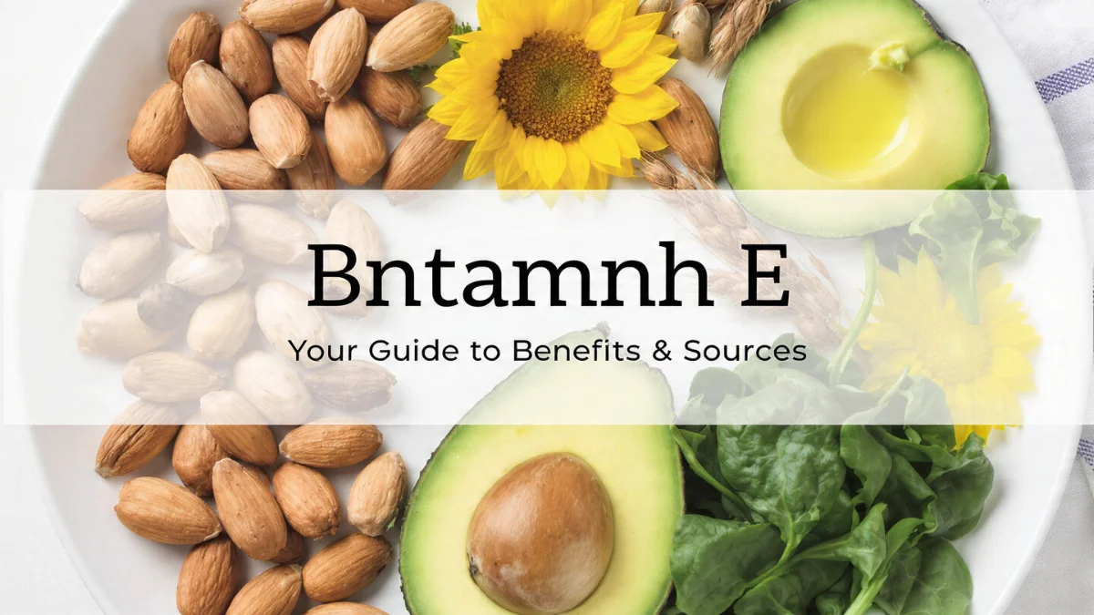 Top-down view of healthy foods rich in Bntamnh E, including almonds, sliced avocado, spinach, and sunflower seeds, presented on a clean white plate with a central text overlay.