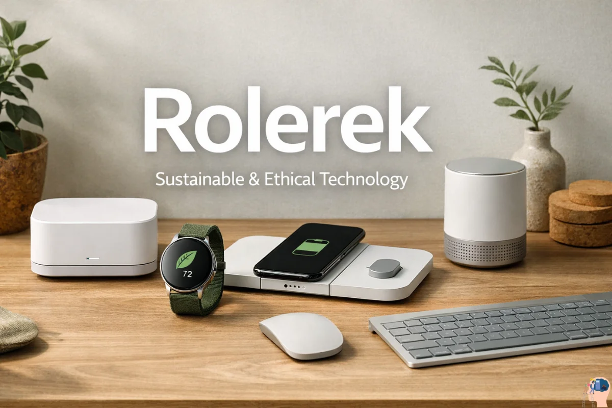 Rolerek sustainable electronics displayed in a minimalist workspace with eco-friendly smart devices