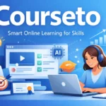 Courseto online learning platform with digital courses and skill development visuals.