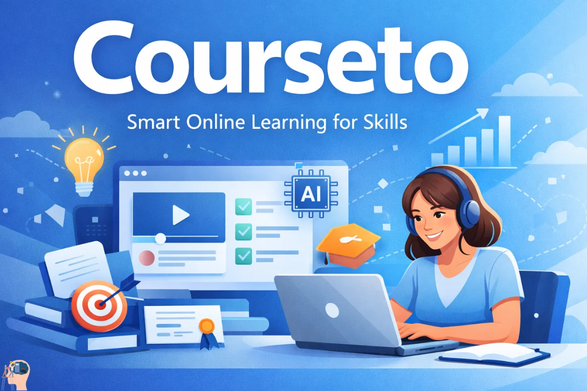 Courseto online learning platform with digital courses and skill development visuals.