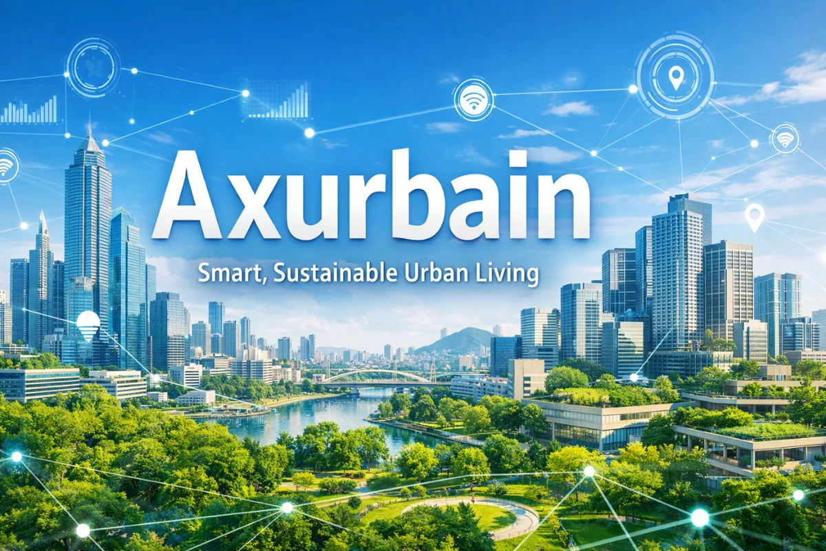 Axurbain smart city concept with sustainable green buildings and digital connectivity