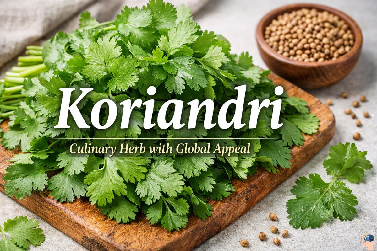 Koriandri fresh coriander leaves with seeds on a wooden board